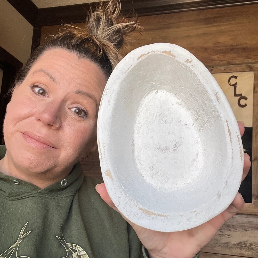 Hand Crafted Wooden Dough Bowl Egg shape White Distressed